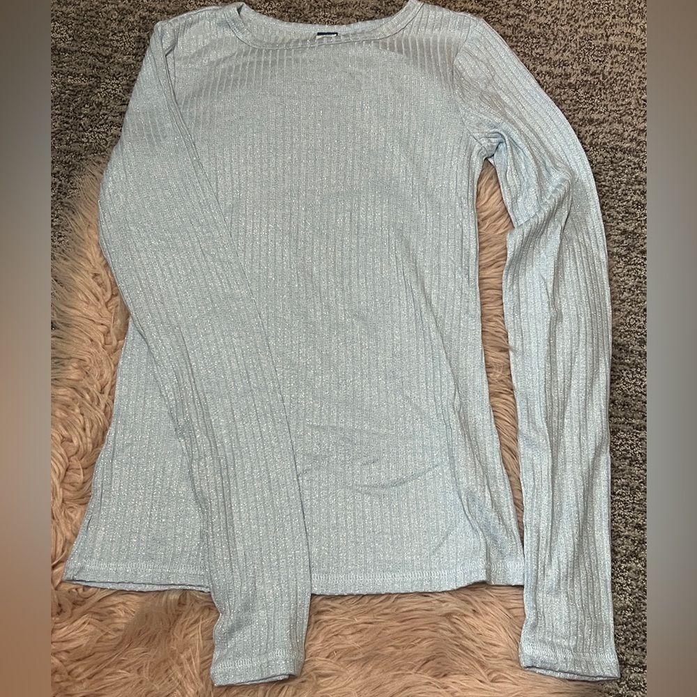 Long Sleeve Rib-Knit Shirt (Shimmer) - Blue + Grey Set